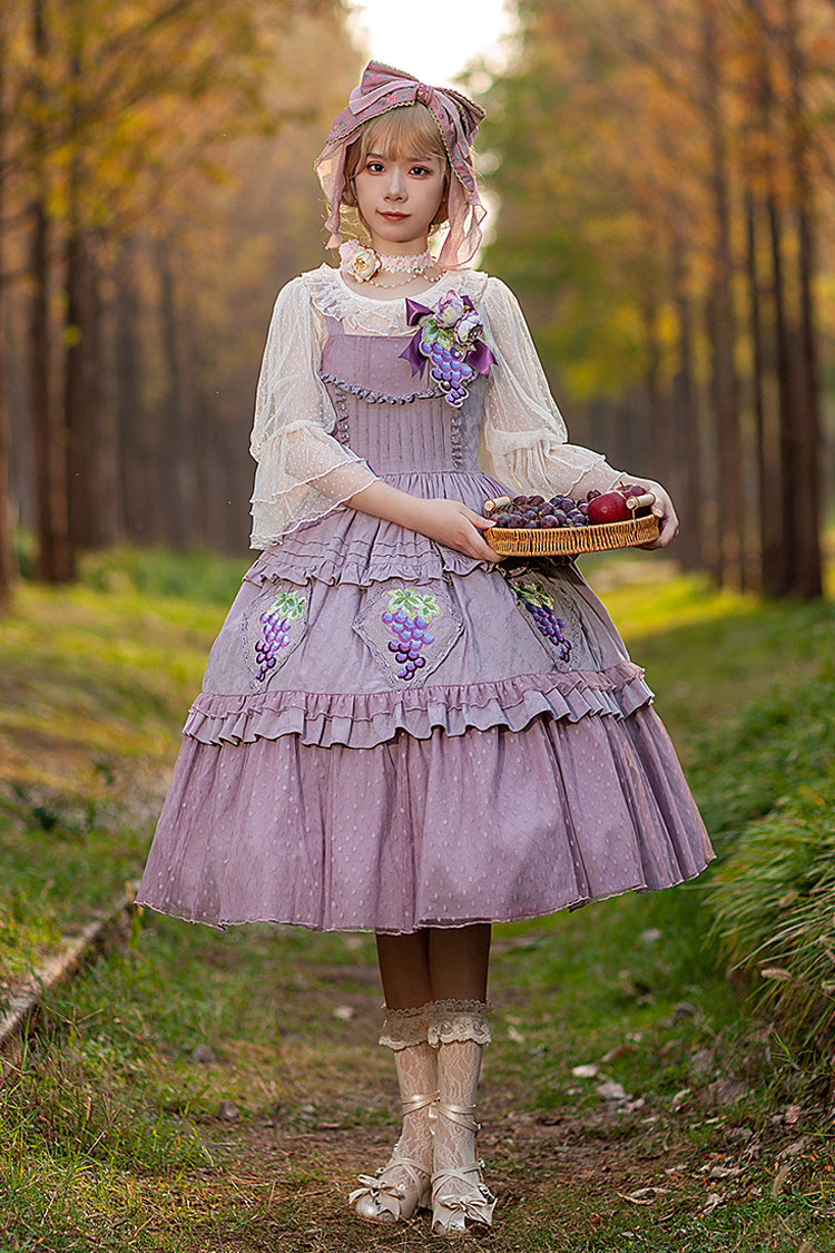 Purple [Vineyard] Sleeveless Jacquard Print Ruffle Embroidery Sweet Lolita Jsk Dress - Purple - 1