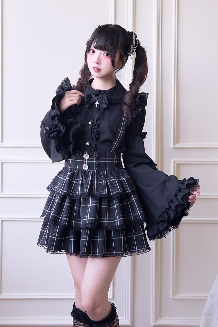 Black Triple-Layered Plaid Print Ruffle Gothic Jirai Kei Japanese Strap Dress - Product - 4