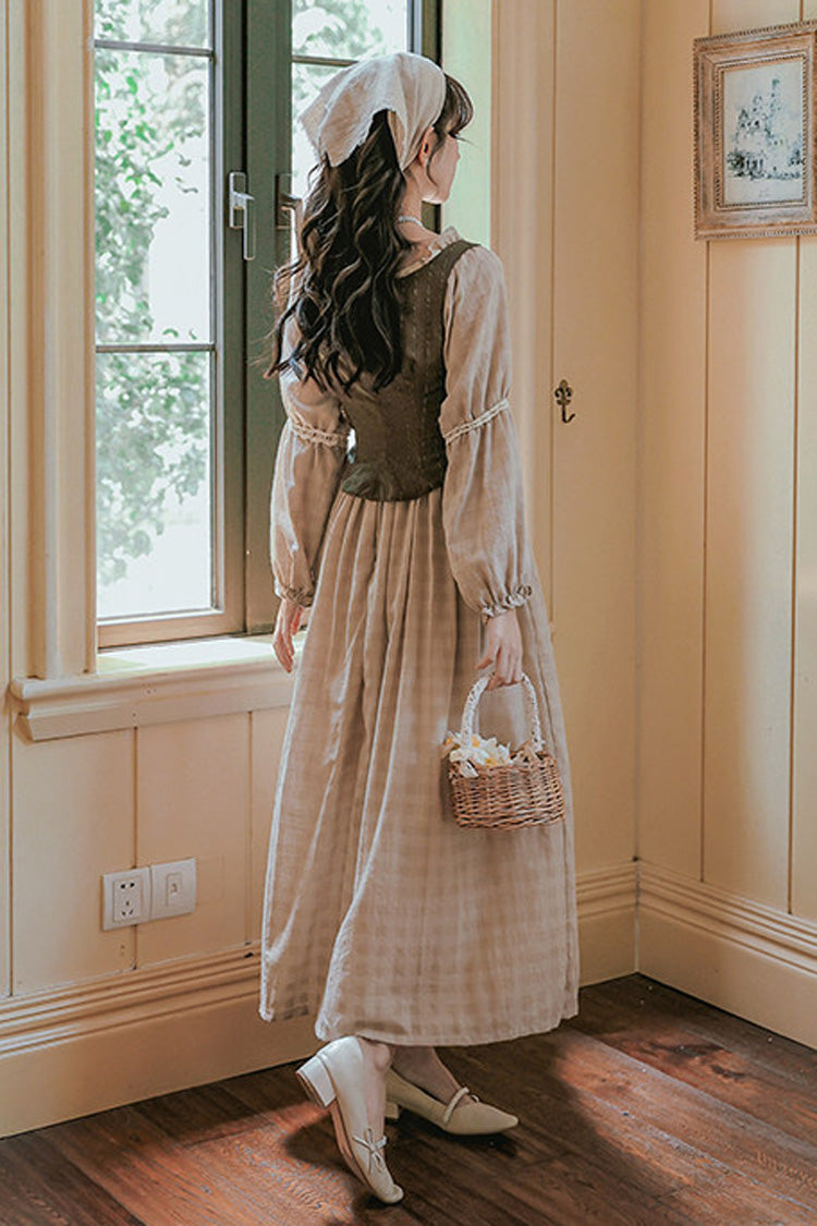 Khaki French Style Round Collar Long Sleeves Printed Classic Vintage Lolita Dress - Product - 6