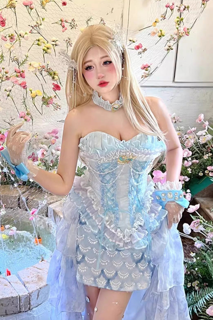 Blue [Mermaid's Tears] Island Romance Print Embroidery Lace Sweet Lolita Skirt Set - Product - 2