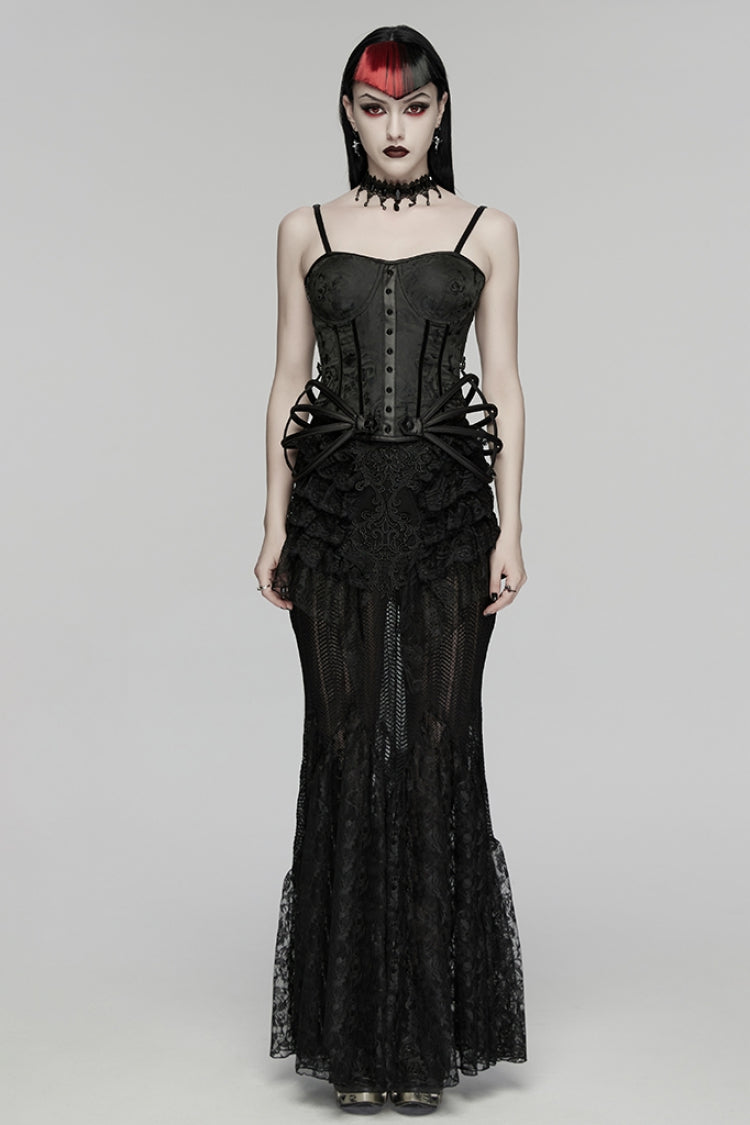 Black Sleeveless Rose Jacquard Lace-Up Women's Gothic Overbust Corset - Product - 4