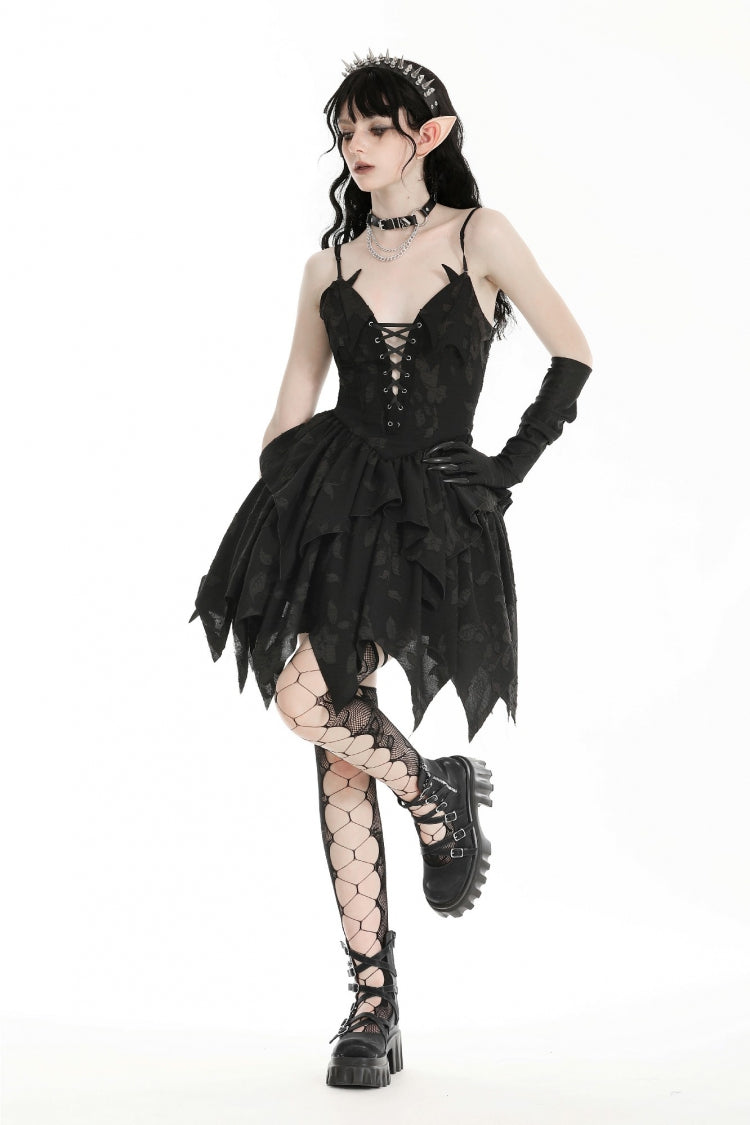 Black V Collar Sleeveless Halloween Printed Irregular Women's Gothic Slip Dress - Product - 4