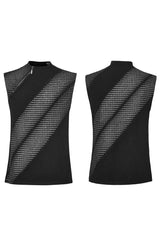 Black Sleeveless Print Asymmetric Zipper Men's Punk Tank Top - Product - 5