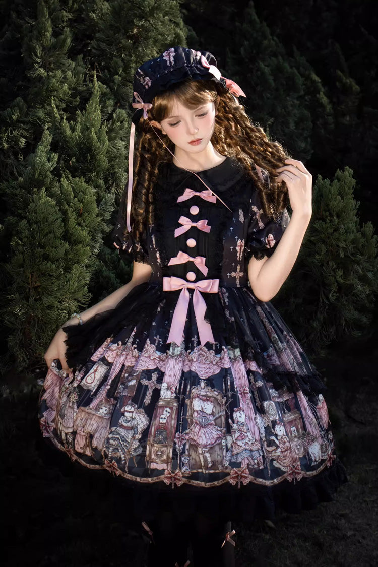 Black [The Case of the Missing Lamb] Print Long Sleeves Ruffle Bowknot Lace Gothic Lolita Dress - Product - 4