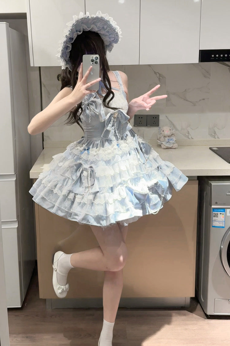 Blue [Sweetheart Doll] Multi-Layered Ruffle Bowknot Lace Sweet Princess Gorgeous Lolita Jsk Dress - Product - 9