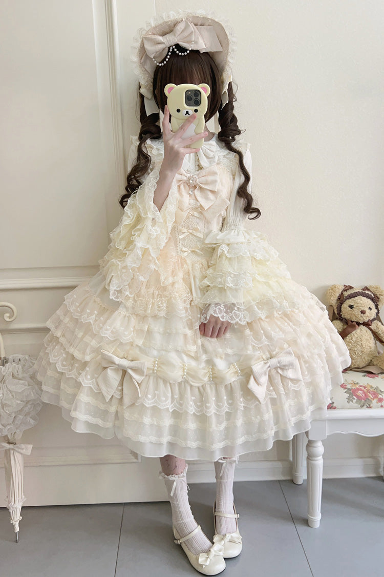 Beige [Dream Prologue] Doll Multi-Layered Bowknot Lace Sweet Princess Lolita Dress - Product - 3