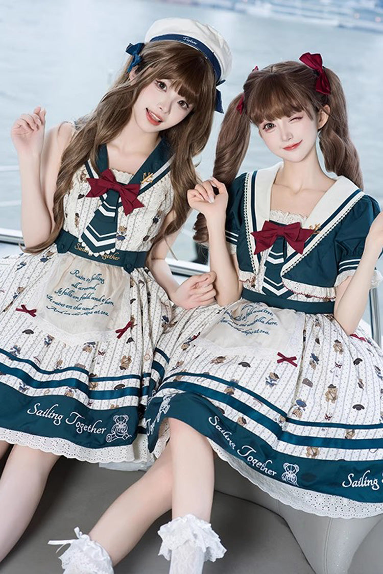 Blue/White Bear Print Navy Ruffle Bowknot Sweet Princess Lolita Jsk Dress - Product - 3