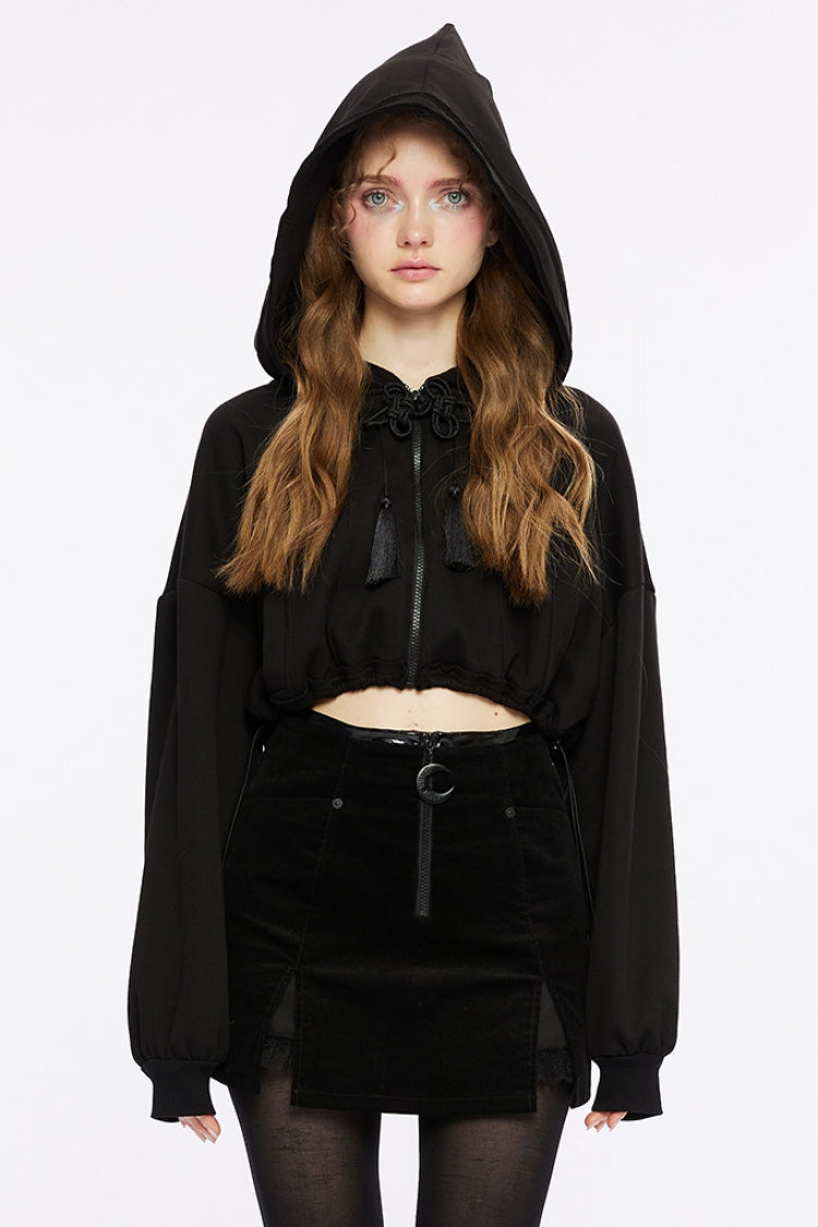 Black Long Sleeves Hooded Short Loose Women's Punk Shirt - Black - 1