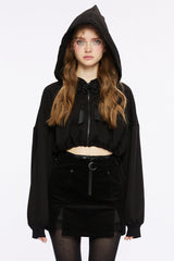 Black Long Sleeves Hooded Short Loose Women's Punk Shirt - Black - 1