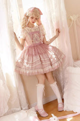 Pink Rabbit Print Sweet Dream Girl Ruffle Bowknot Stitching Lace Lolita JSK Dress - Product - 1