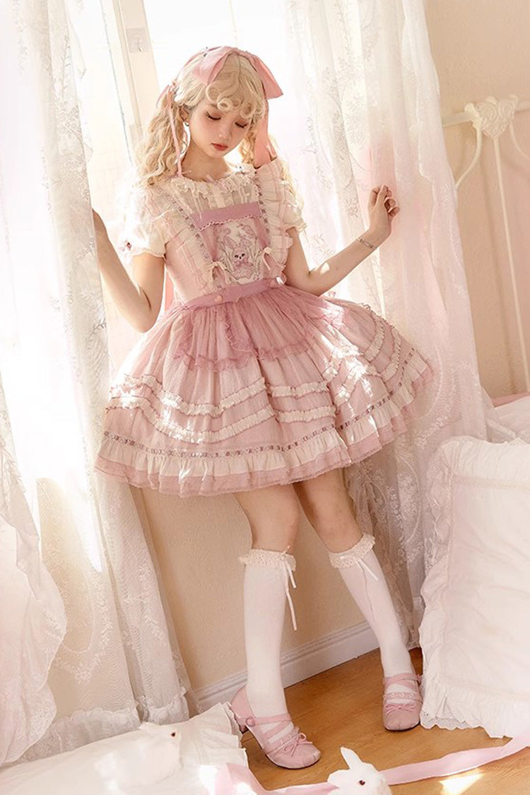 Pink Rabbit Print Sweet Dream Girl Ruffle Bowknot Stitching Lace Lolita JSK Dress - Product - 1