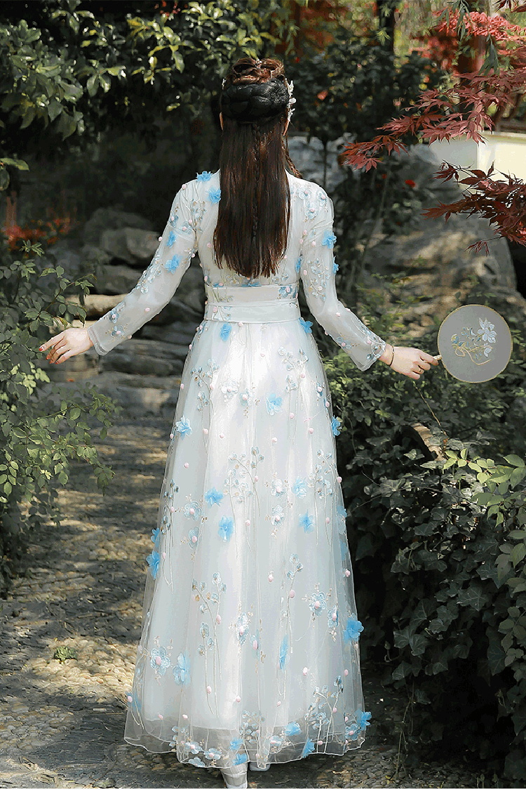 Floral Embroidery Long Sleeved Sweet Hanfu Dress - Product - 5