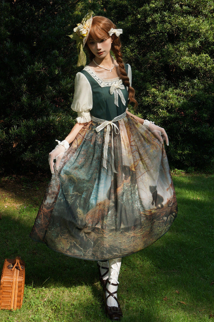 Dark Green [Morning in the Pine Forest] Square Collar Short Sleeves Oil Painting Printed Bow Lace Tie-dyed Sweet Lolita Dress - Product - 4