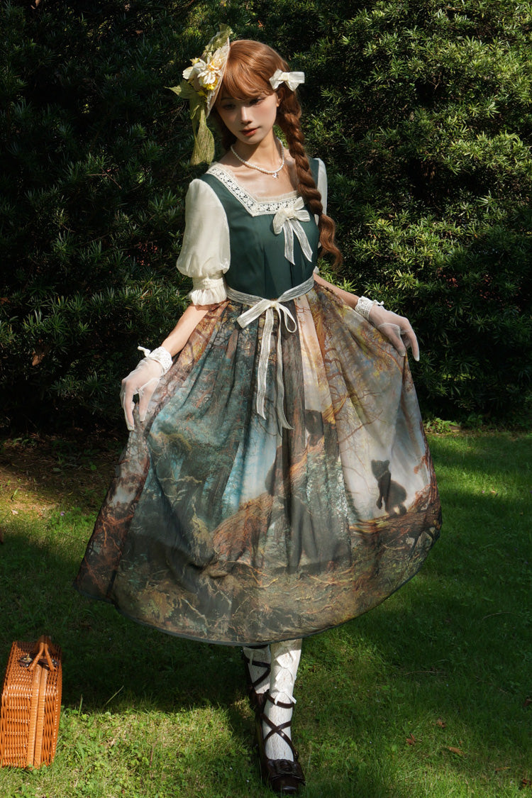 Dark Green [Morning in the Pine Forest] Square Collar Short Sleeves Oil Painting Printed Bow Lace Tie-dyed Sweet Lolita Dress - Product - 4