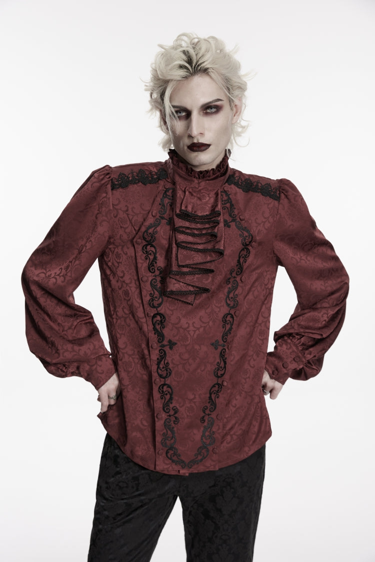 Red Stand Collar Long Lantern Sleeves Jacquard Embroidered  Men's Gothic Palace Shirt with Detachable Tie - Red - 1