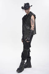 Black Spliced Hooded Buckled Eyelet Men's Punk Cool Vest - Product - 11