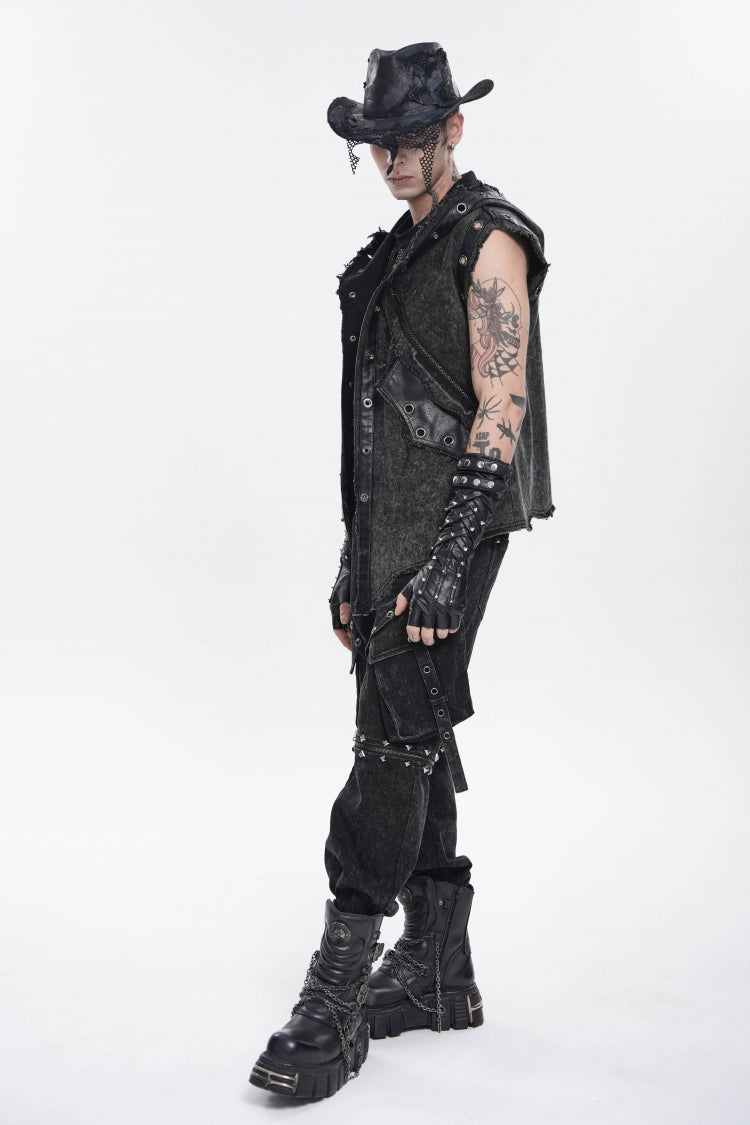 Black Spliced Hooded Buckled Eyelet Men's Punk Cool Vest - Product - 11