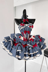 Blue [Milk Rabbit Theater] Halterneck Sleeveless Triple-Layered Ruffle Bowknot Lace-Up Sweet Lolita Jsk Dress - Blue - 1