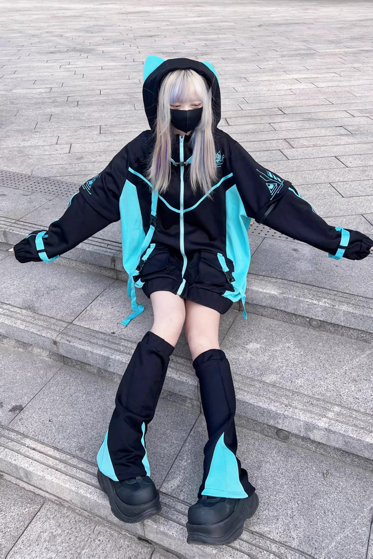 Black/Blue Chip Hacker Cyberpunk Functional Print Hooded Jirai Kei Japanese Sports Coat - Product - 4