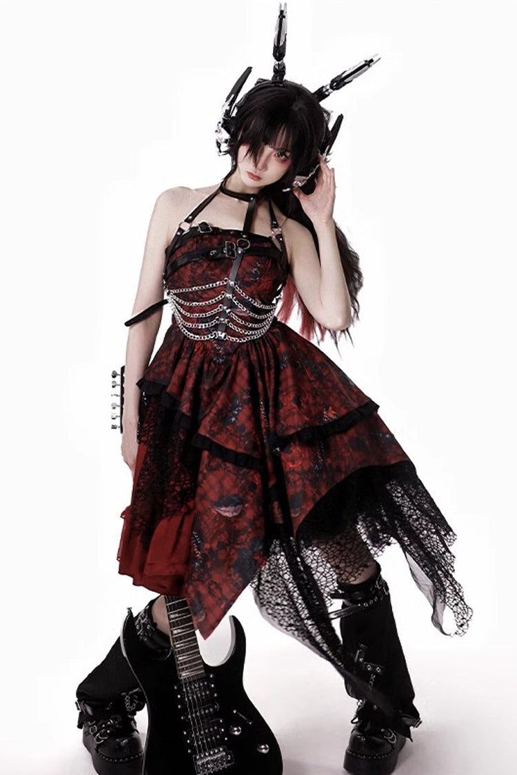 Red [Strawberries of Blood and Tears] Sleeveless Print Ruffle Bowknot Lace Asymmetric Gothic Lolita Jsk Dress - Product - 4