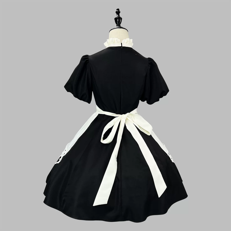 Black and White Plaid Ruffled Maid Lolita Dress with Apron Bow Accent - view 12