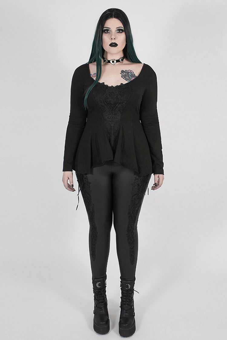 Black Big Round Collar Front Chest Decals Long Sleeve Back Waist Lace-Up Frill Hem Plus Size Women's Gothic T-Shirt - Product - 4