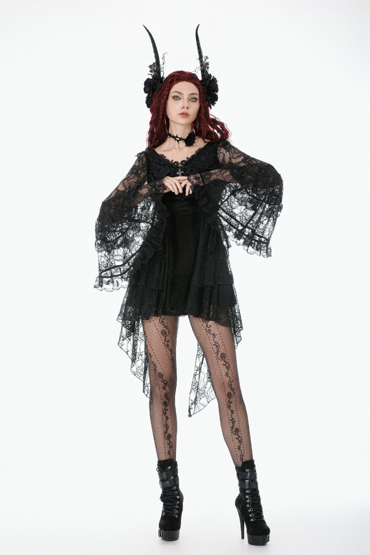 Black Trumpet Sleeves Multi-Layered Lace Velvet Embroidered Lace-Up Women's Gothic Dress - Product - 2