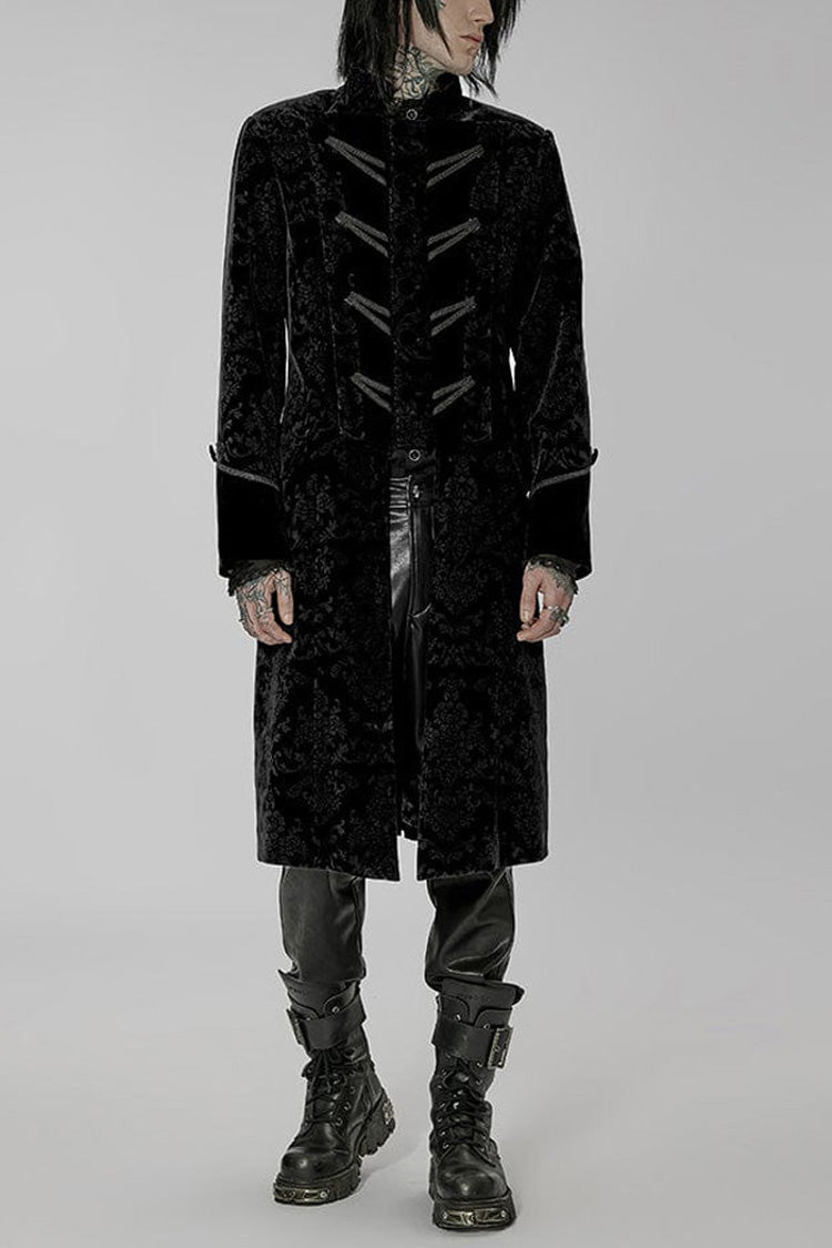 Black Punk Weft Velveteen Print Splicing Stand Collar Lacework Decorate Long Men's Coat - Black - 1