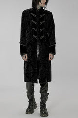 Black Punk Weft Velveteen Print Splicing Stand Collar Lacework Decorate Long Men's Coat - Black - 1