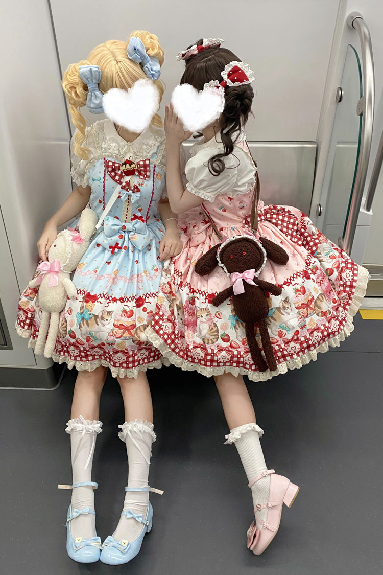 [Strawberry Cake Kitty] Sleeveless Printed Bow Lace Sweet Lolita Strap Dress 3 Colors - Product - 7