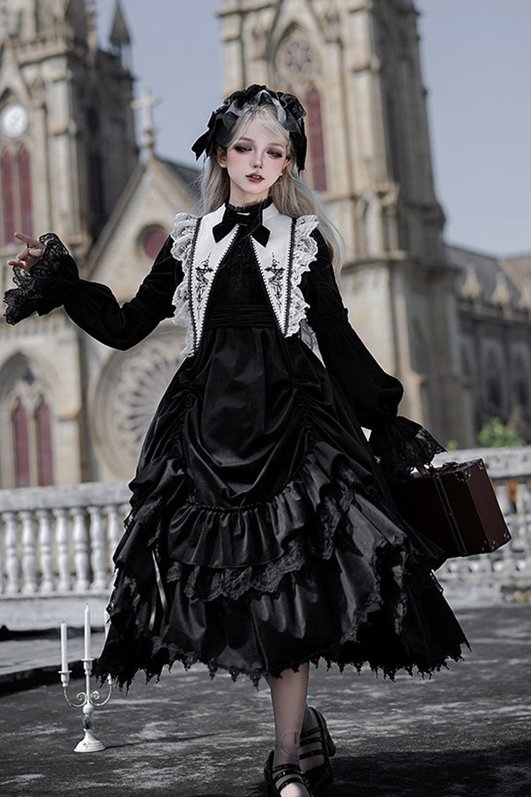 Black [Songs of Dawn and Dusk] Long Lantern Sleeves Multi-Layered Ruffled Bow Adjustable Drawstring Hem Nun Gothic Lolita Dress Set - Black - 1