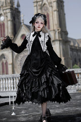 Black [Songs of Dawn and Dusk] Long Lantern Sleeves Multi-Layered Ruffled Bow Adjustable Drawstring Hem Nun Gothic Lolita Dress Set - Black - 1