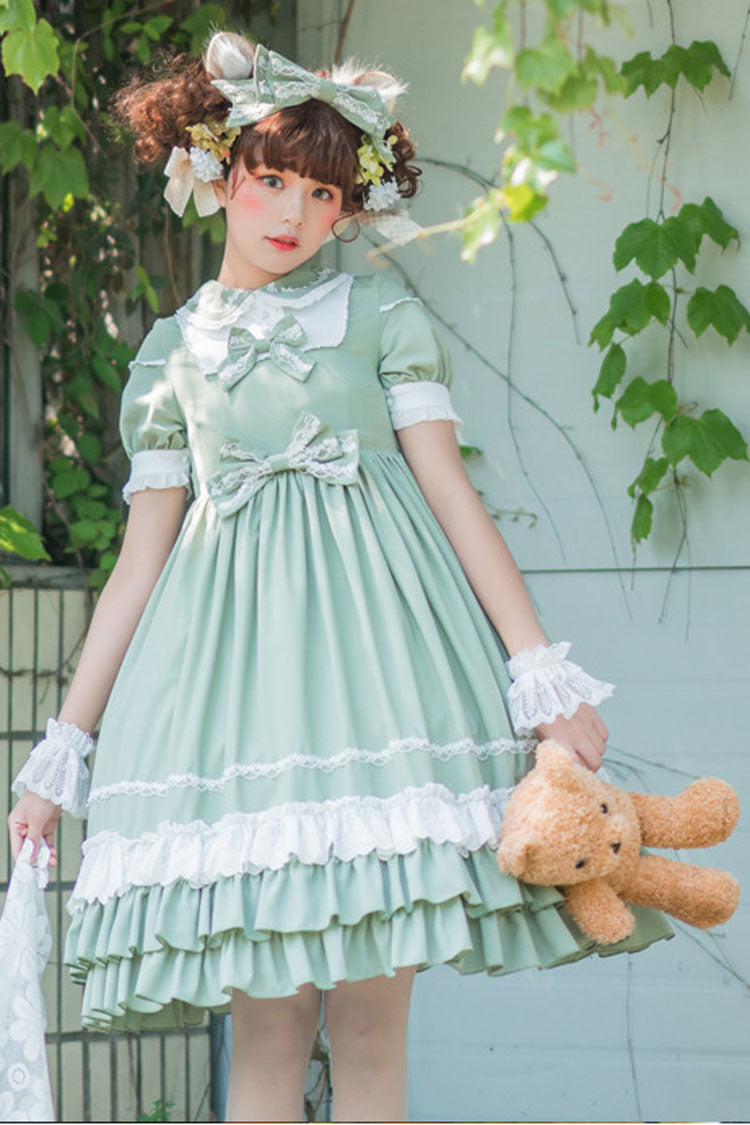 Green Short Sleeves High Waisted Bowknot Multi-Layer Classic Lolita Jsk Dress - Product - 3