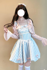 Blue [Sea Salt Strawberries] Sleeveless Plaid Print Bowknot Sweet Lolita Jsk Short Dress - Blue - 1