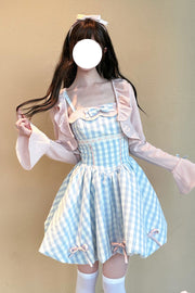 Blue Sea Salt Strawberries Sleeveless Plaid Print Bowknot Sweet JSK Short Dress (Dress Only) front view