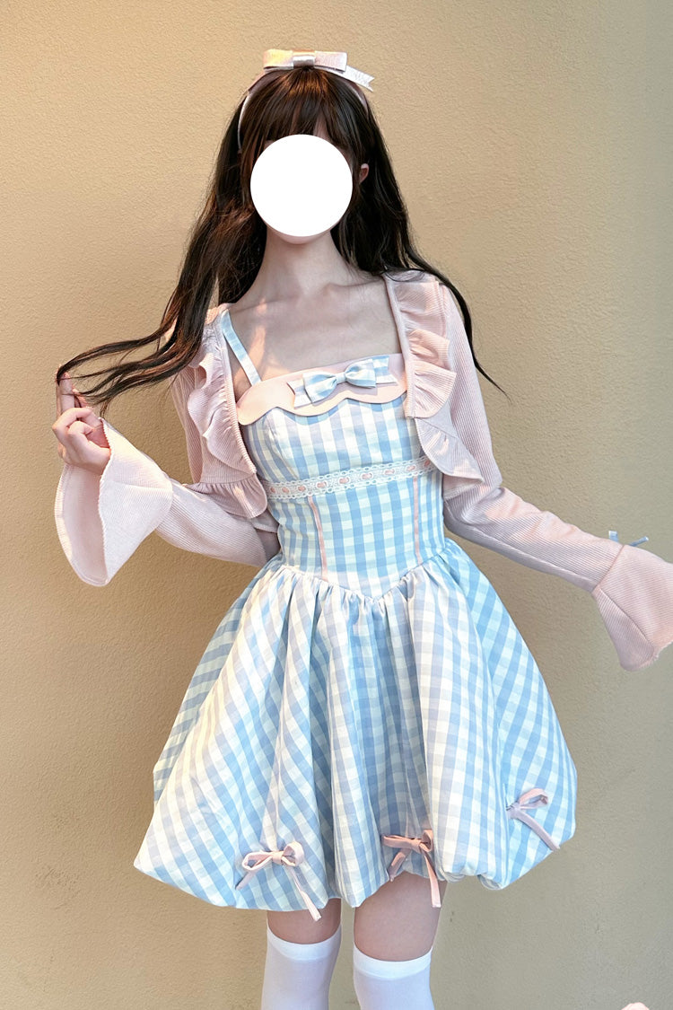 Blue [Sea Salt Strawberries] Sleeveless Plaid Print Bowknot Sweet Lolita Jsk Short Dress - Blue - 1