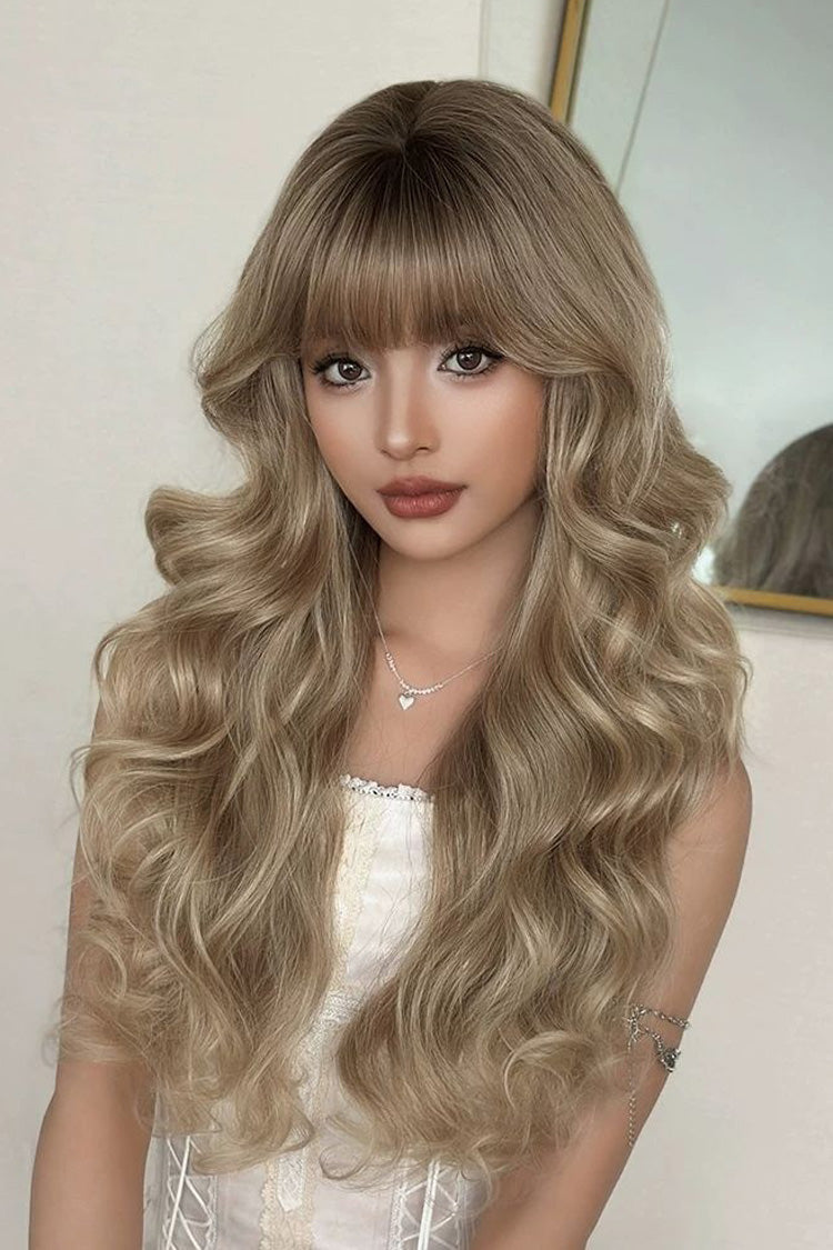 Stellar Glow Brown-Gold Balayage Lazy Vibe Long Big Wavy Wig with Blunt Bangs - Brown-Gold - 1