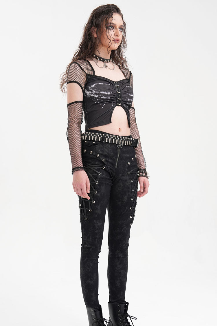 Black Long Sleeves Hollow Mesh Ripped Women's Punk Corset - Product - 9