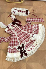 Red Square Collar Sleeveless Plaid Printed Bow Spliced Lace Sweet Lolita Jsk Dress Set - Product - 4