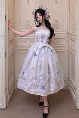 [Stained Glass Dream] Square Collar Sleeveless Printed Embroidered Bow Gothic Lolita Jsk Dress 2 Colors(Black/Purple, White/Purple) - White/Purple - 6
