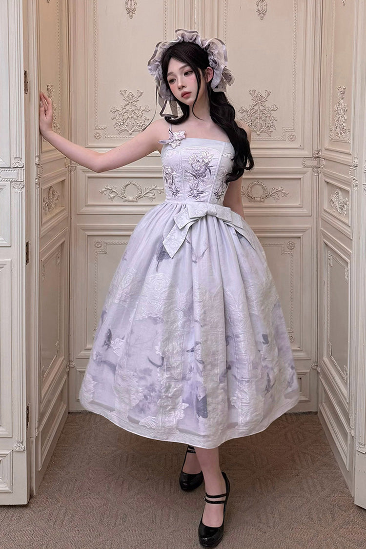 [Stained Glass Dream] Square Collar Sleeveless Printed Embroidered Bow Gothic Lolita Jsk Dress 2 Colors(Black/Purple, White/Purple) - White/Purple - 6