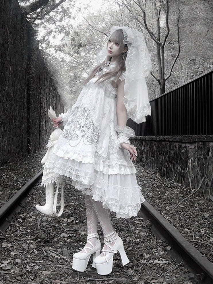 Gothic White Candle Print Waistless Lolita JSK Dress with Lace Details + Choker + Candle Embroidered Brooch Set - view 19