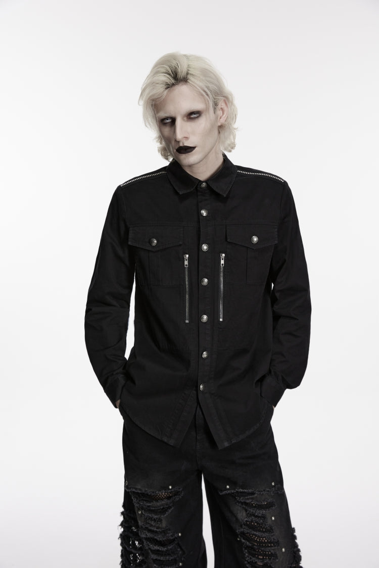 Black Lapel Collar Long Sleeves Zippered Men's Punk Cool Shirt - Product - 5