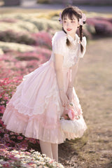 Pink Round Collar Short Sleeves Lace Ruffle Bowknot Sweet Princess Lolita Dress - Product - 11