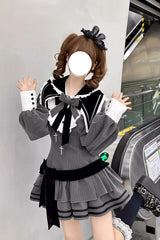Black [Bizarre Rabbit Opera] Navy Collar Long Sleeves Print Ruffle Bowknot Gothic Lolita Dress - Product - 5