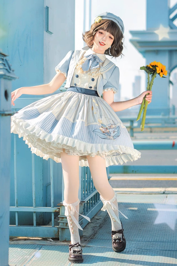 Blue/Ivory Catch The Stars Print Navy Style Sleeveless Ruffle Bowknot Sweet Lolita Dress - Product - 5