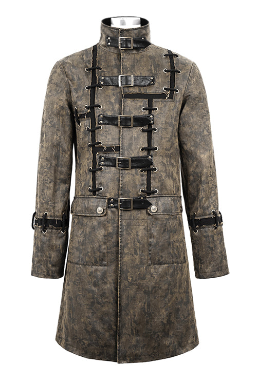 Brown Steampunk Patch Mens Long Leather Coat - Product - 5