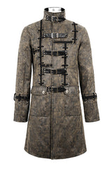 Brown Steampunk Patch Mens Long Leather Coat - Product - 5