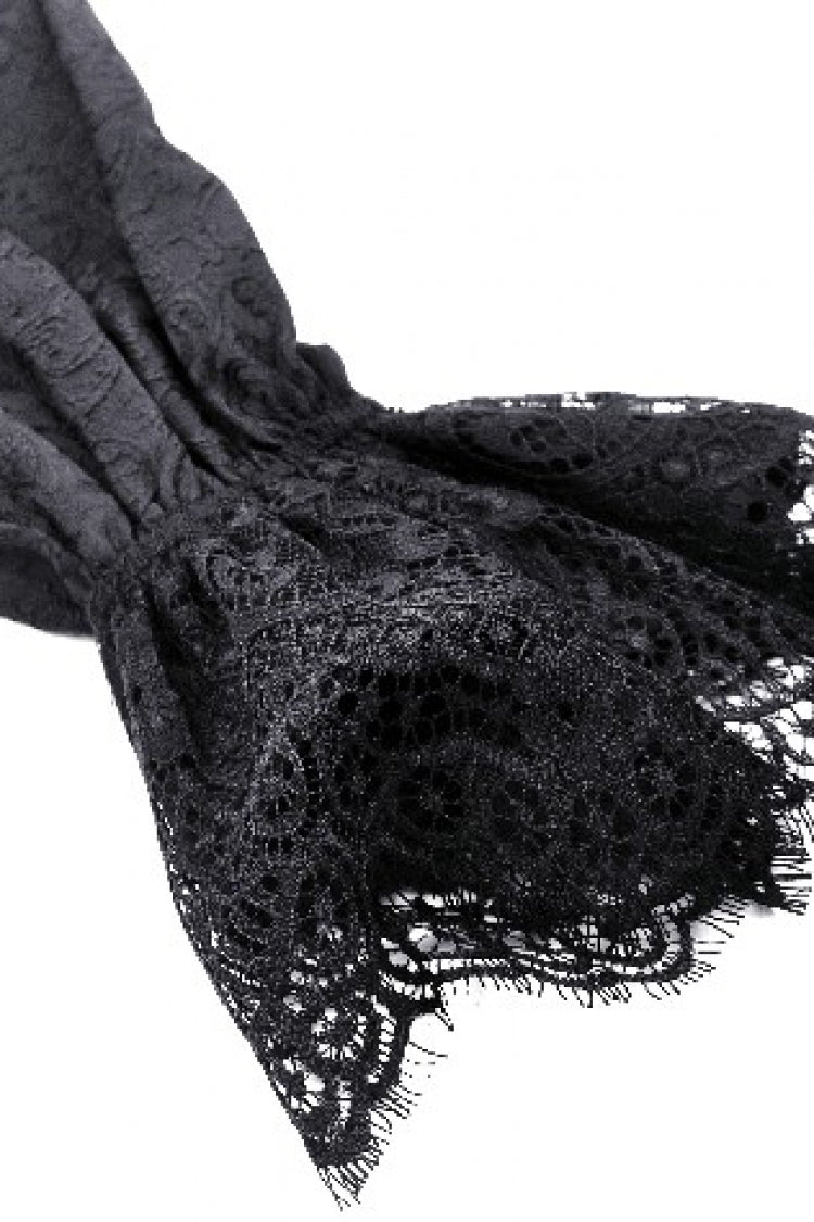 Black Stand Collar Long Trumpet Sleeves Lace Sheer Lace-Up Women's Gothic High Low Tail Coat - Product - 18