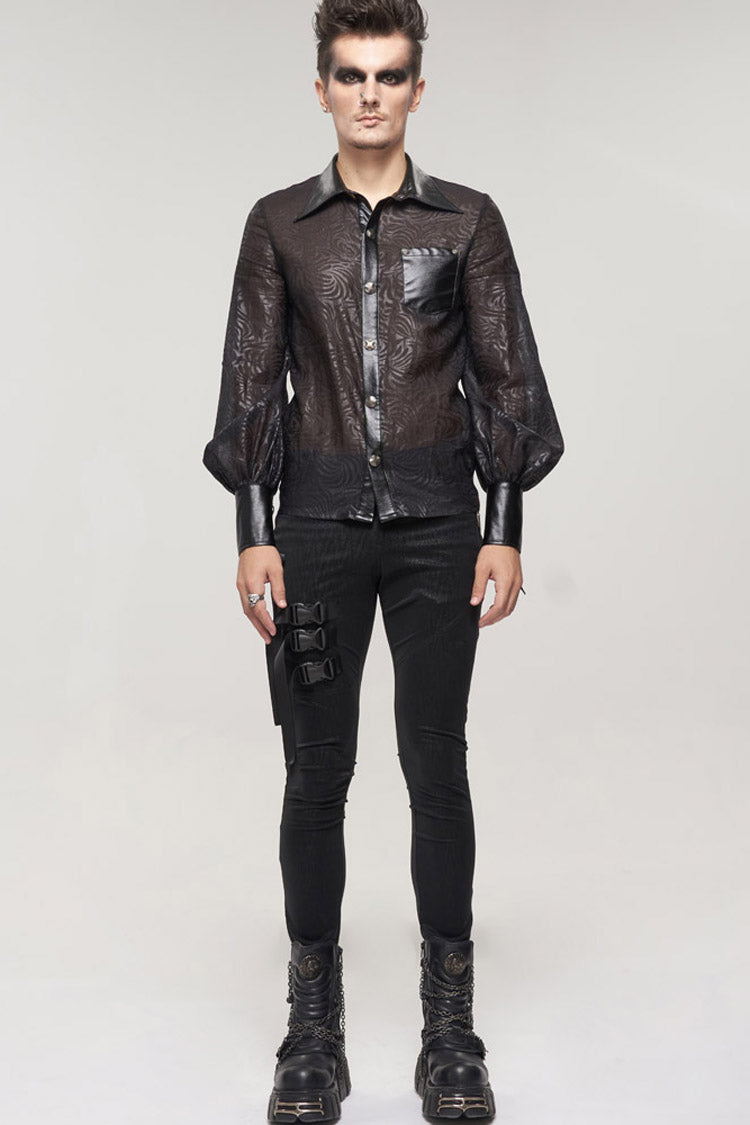 Black Punk Vertical Pattern Printing Cuff Drawstring Decoration See-Through Men's Shirt - Product - 4